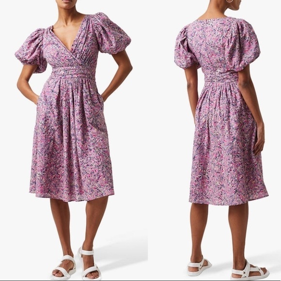 French Connection New With Tags Flores Puff Sleeve Dress In Mauve Mist Multi - Picture 1 of 11